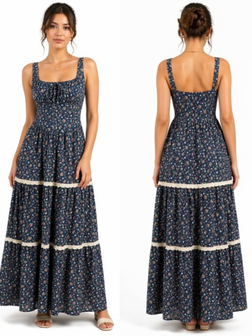 Cider Navy Floral Maxi Dress with Cream Lace New XL - Picture 4 of 7